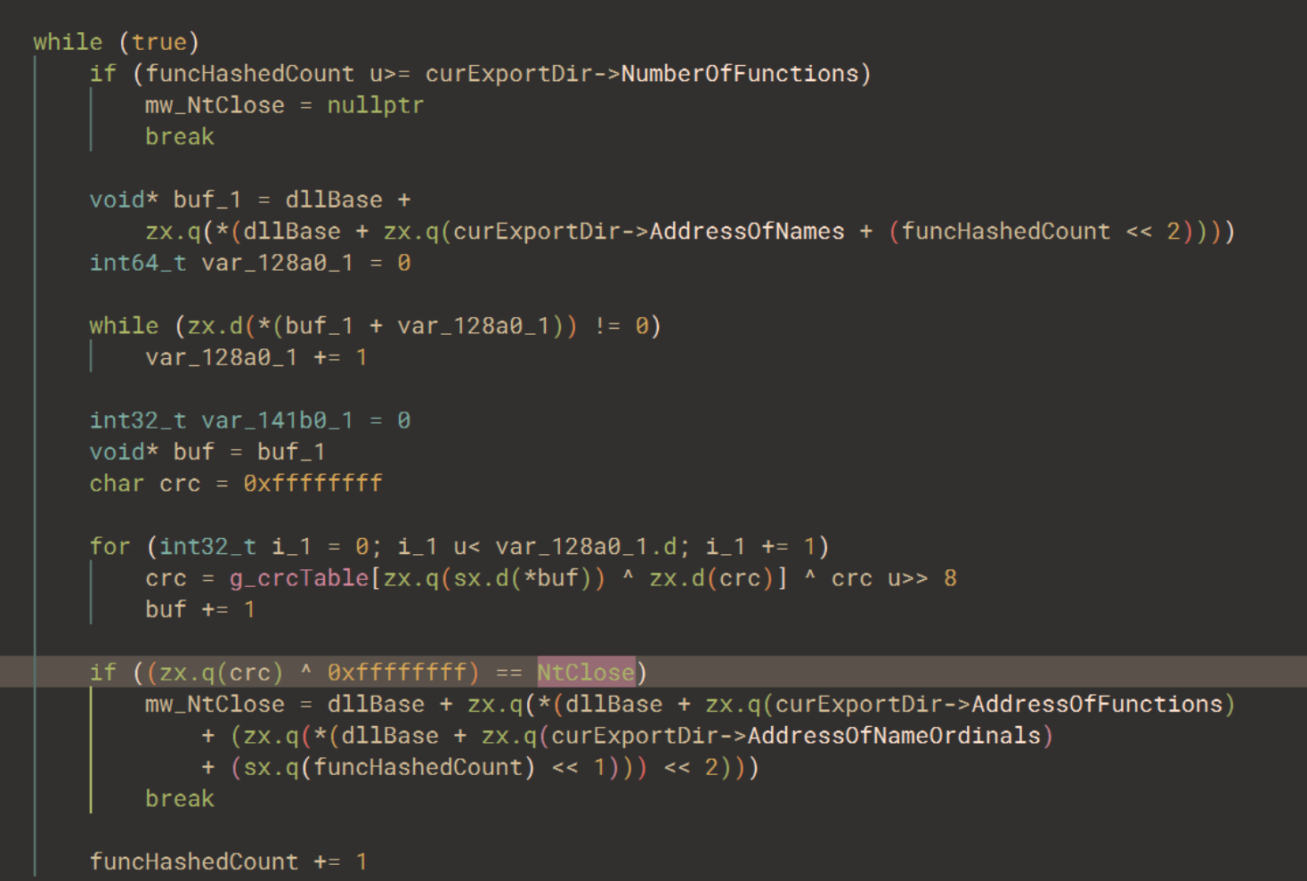 Function hash resolution example for NtClose