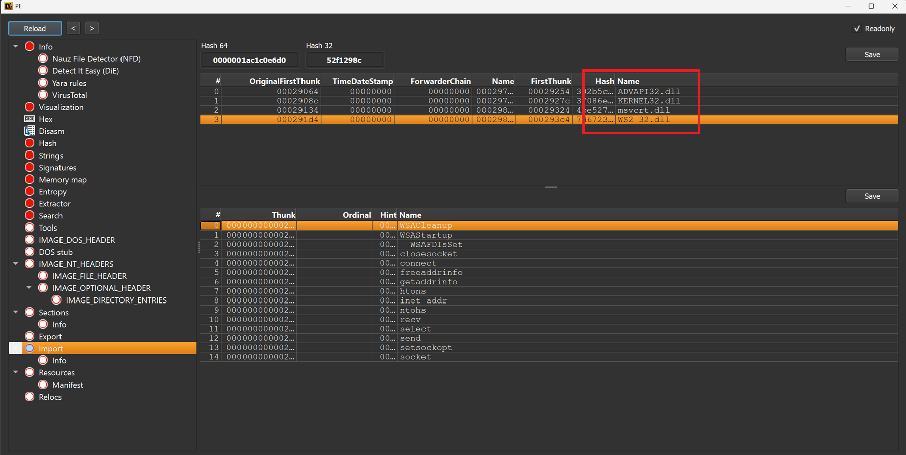 View of the sample&rsquo;s Imports in Detect-It-Easy